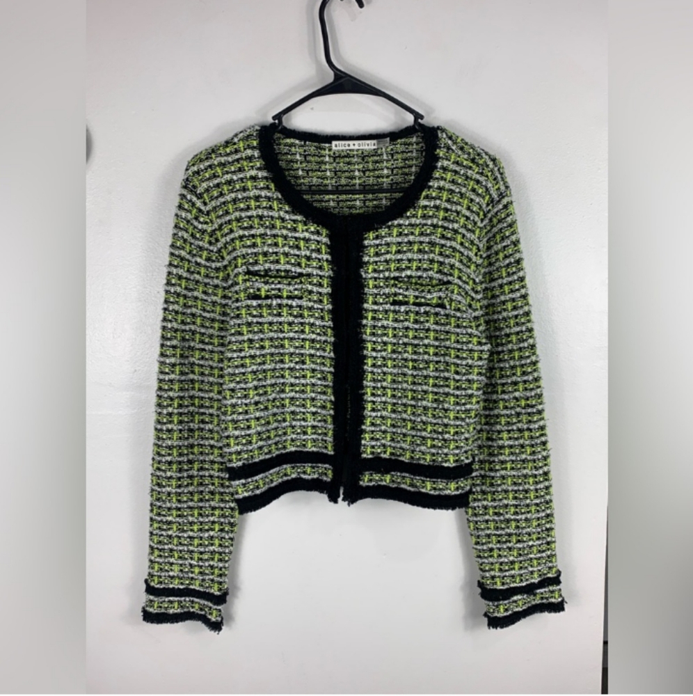 Alice and Olivia Tyler Cropped Cardigan in Black Soft White Size M